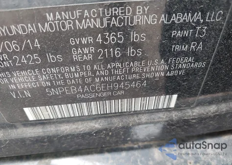 2014 Hyundai Sonata Gls from USA, damaged, VIN 5NPEB4AC6EH945464